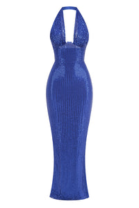 Halter Sequin Embellished Gown in Blue