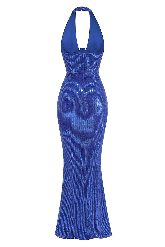 Vestido Halter com Lantejoulas Embelezado em Azul