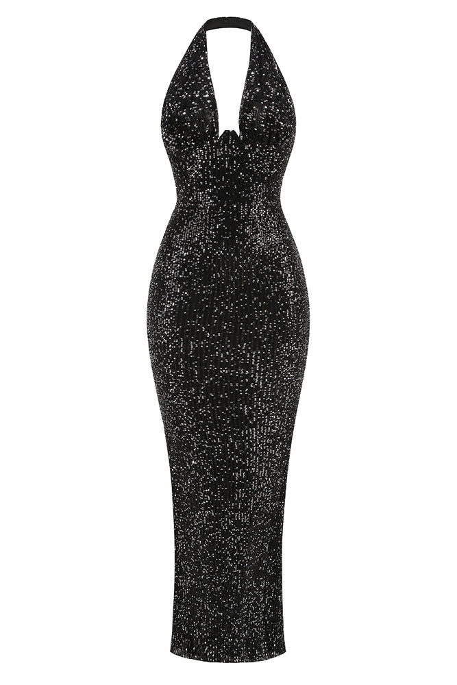 Halter Sequin Embellished Gown in Black