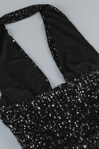 Halter Sequin Embellished Gown in Black