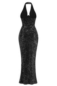 Halter Sequin Embellished Gown in Black