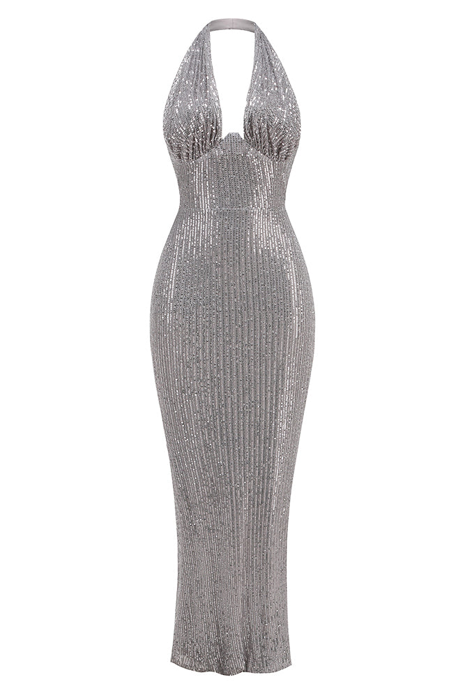 Halter Sequin Embellished Gown in Gray