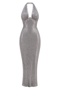 Halter Sequin Embellished Gown in Gray