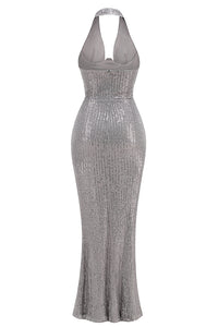 Halter Sequin Embellished Gown in Gray