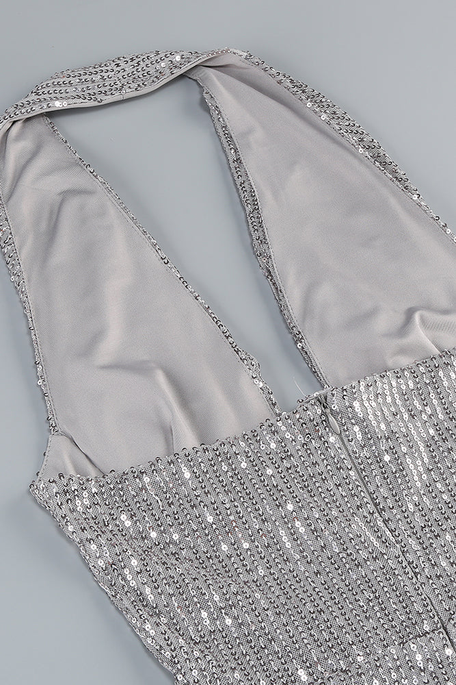 Halter Sequin Embellished Gown in Gray