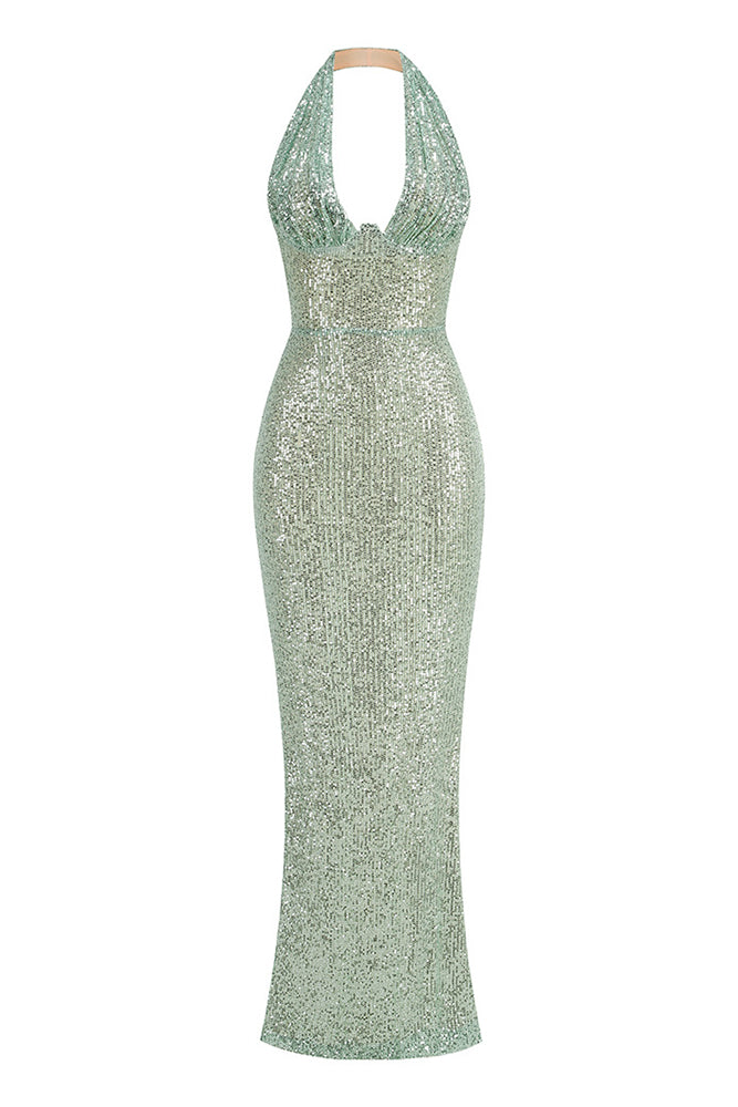 Halter Sequin Embellished Gown in Green