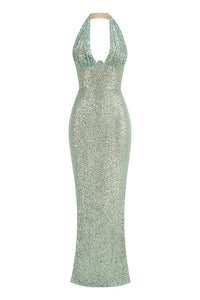 Halter Sequin Embellished Gown in Green