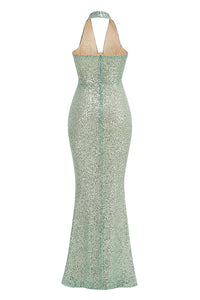 Halter Sequin Embellished Gown in Green