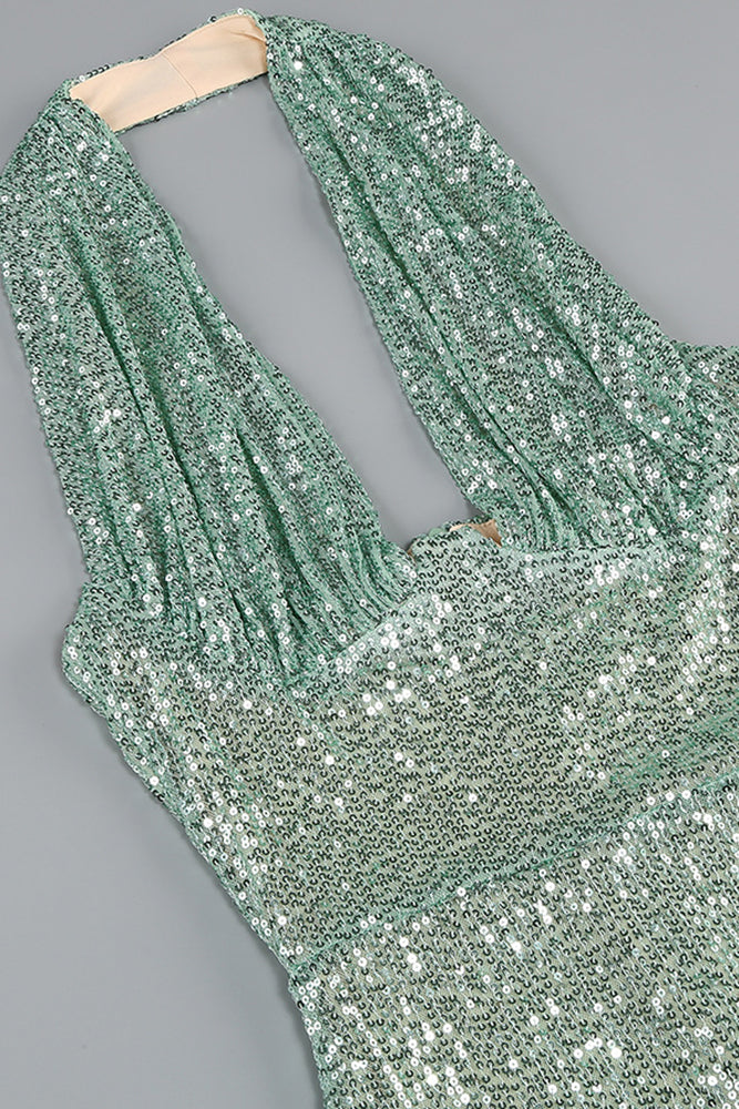 Halter Sequin Embellished Gown in Green