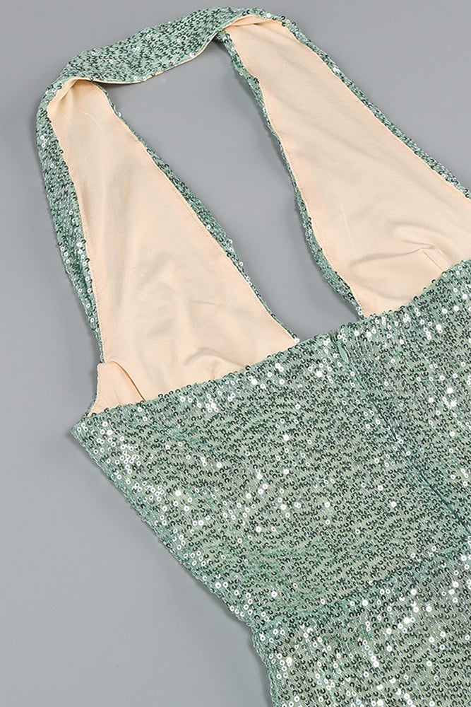 Halter Sequin Embellished Gown in Green