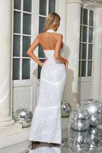 Halter Sequin Embellished Gown in White