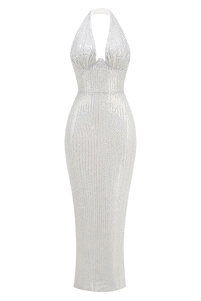 Halter Sequin Embellished Gown in White