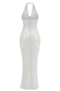 Halter Sequin Embellished Gown in White