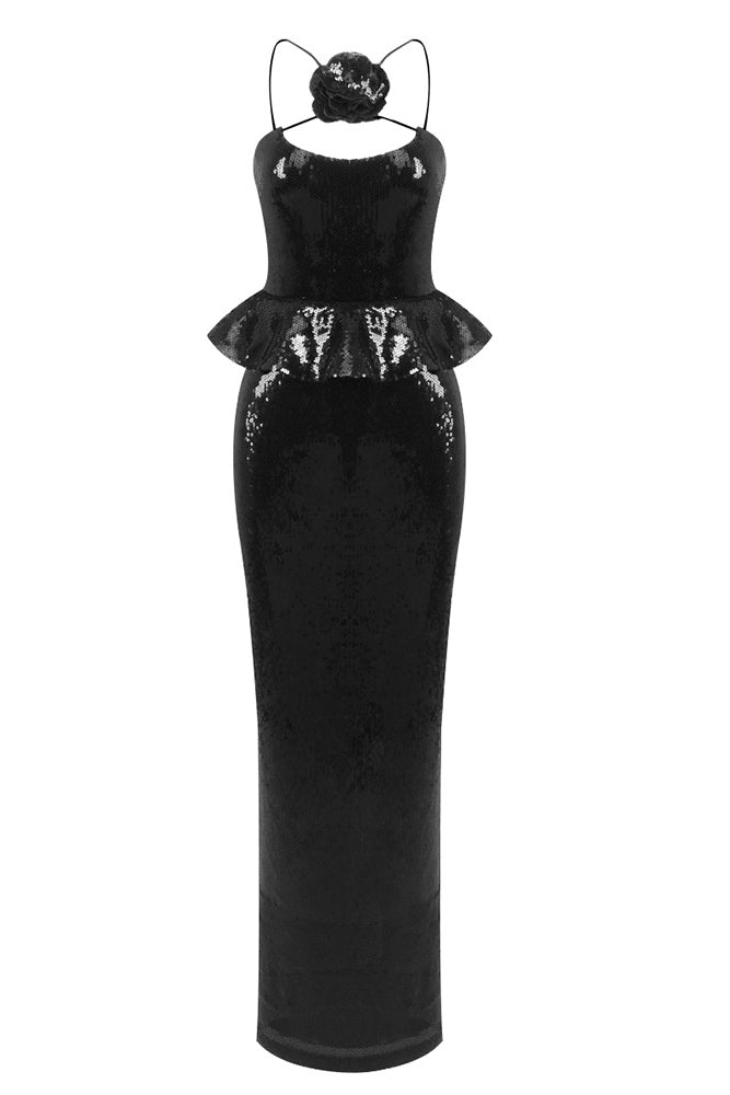 Halter Sequined Peplum Maxi Dress IULOVER Halter Sequined Peplum Maxi Dress IULOVER