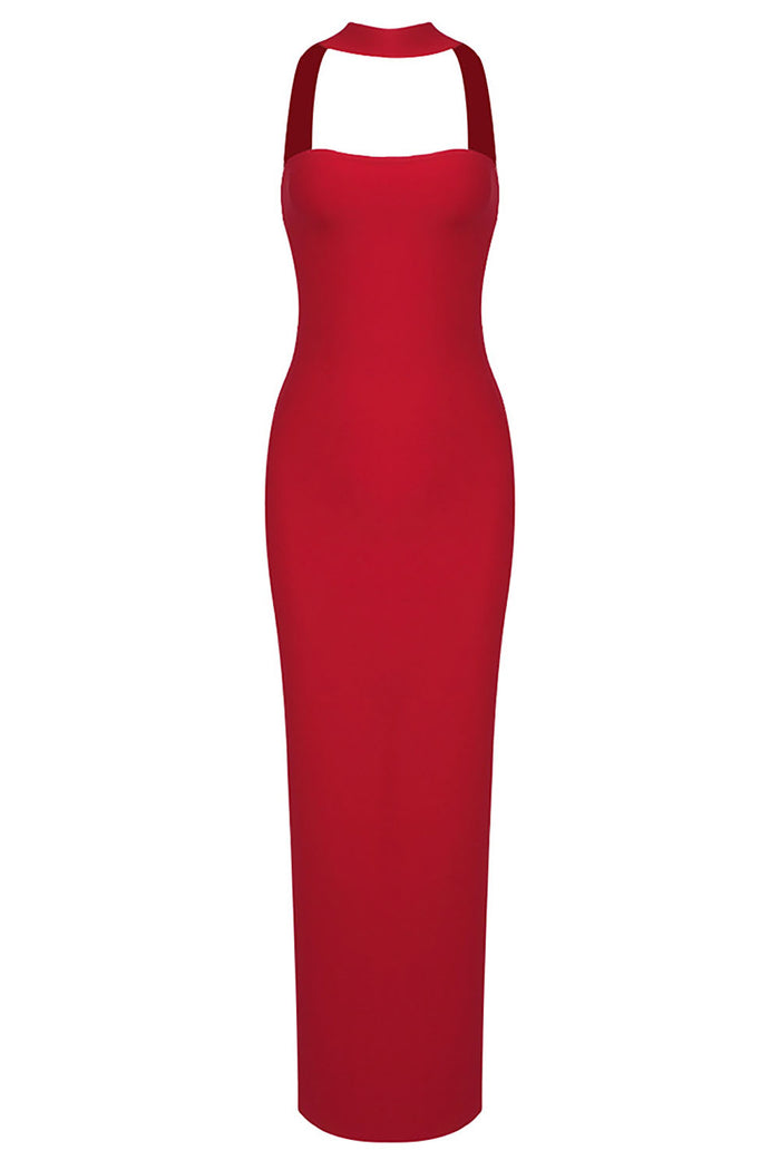 Halter Backless Bandage Maxi Dress in Red White