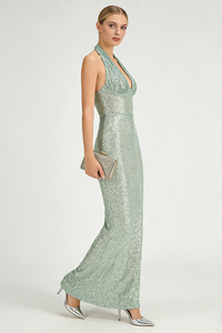 Vestido con escote halter y lentejuelas en color verde
