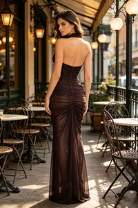 Halterneck Backless Ruched Gown in Brown