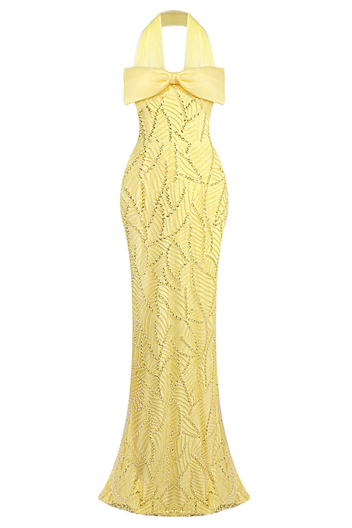 Halterneck Bowknot Beaded Maxi Dress