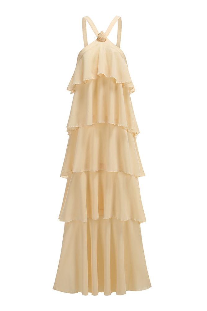 Halterneck Corsage Tiered Detail Maxi Dress IULOVER Halterneck Corsage Tiered Detail Maxi Dress IULOVER