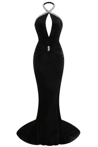 Halterneck Crystal-trim Velvet Gown