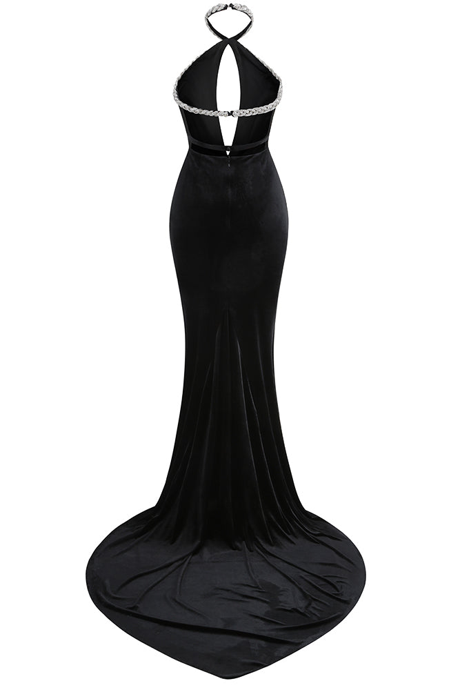 Halterneck Crystal-trim Velvet Gown