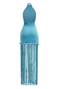 Halterneck Fringe Velvet Midi Dress