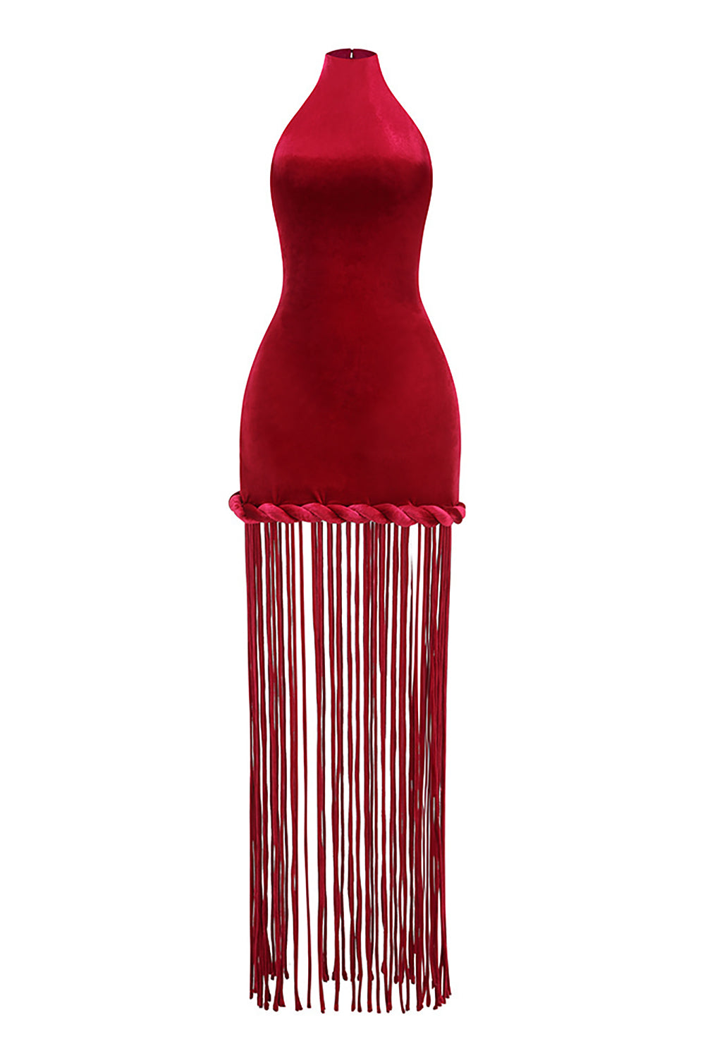 Halterneck Fringe Velvet Dress in Burgundy