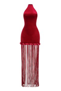Halterneck Fringe Velvet Dress in Burgundy