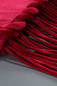 Halterneck Fringe Velvet Dress in Burgundy