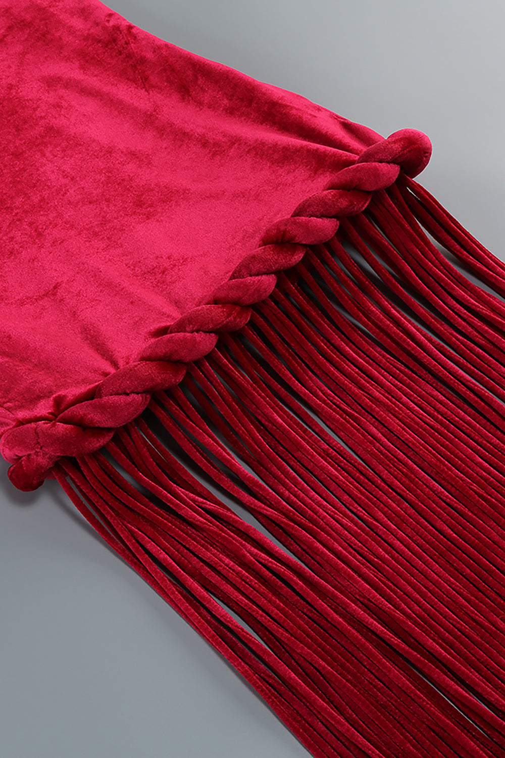 Halterneck Fringe Velvet Dress in Burgundy