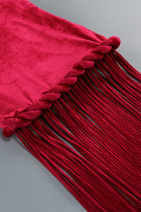 Halterneck Fringe Velvet Dress in Burgundy