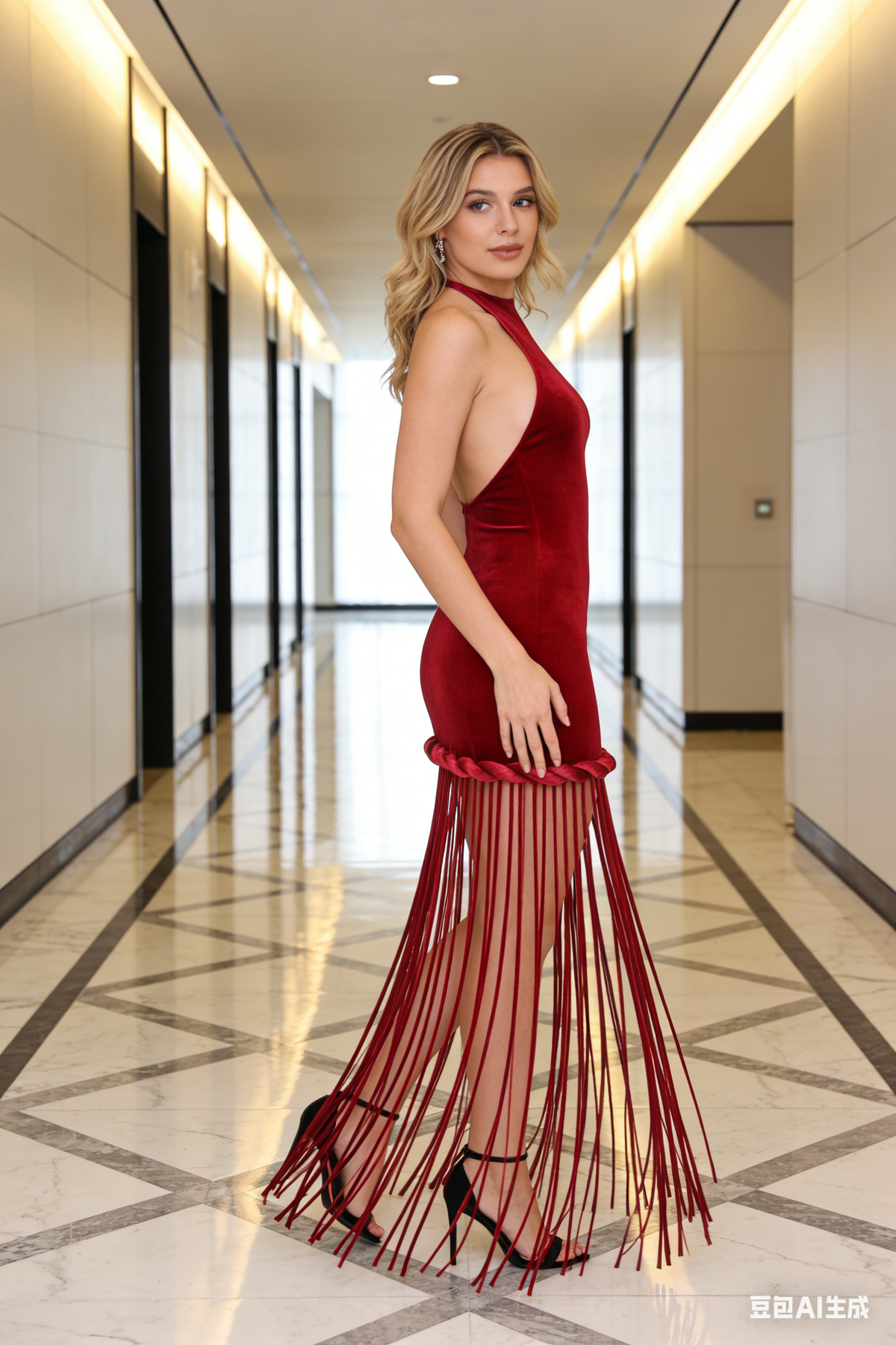 Halterneck Fringe Velvet Dress in Burgundy