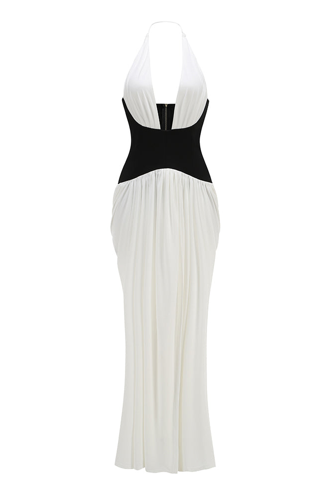 White and Black Halterneck Corset Maxi Dress