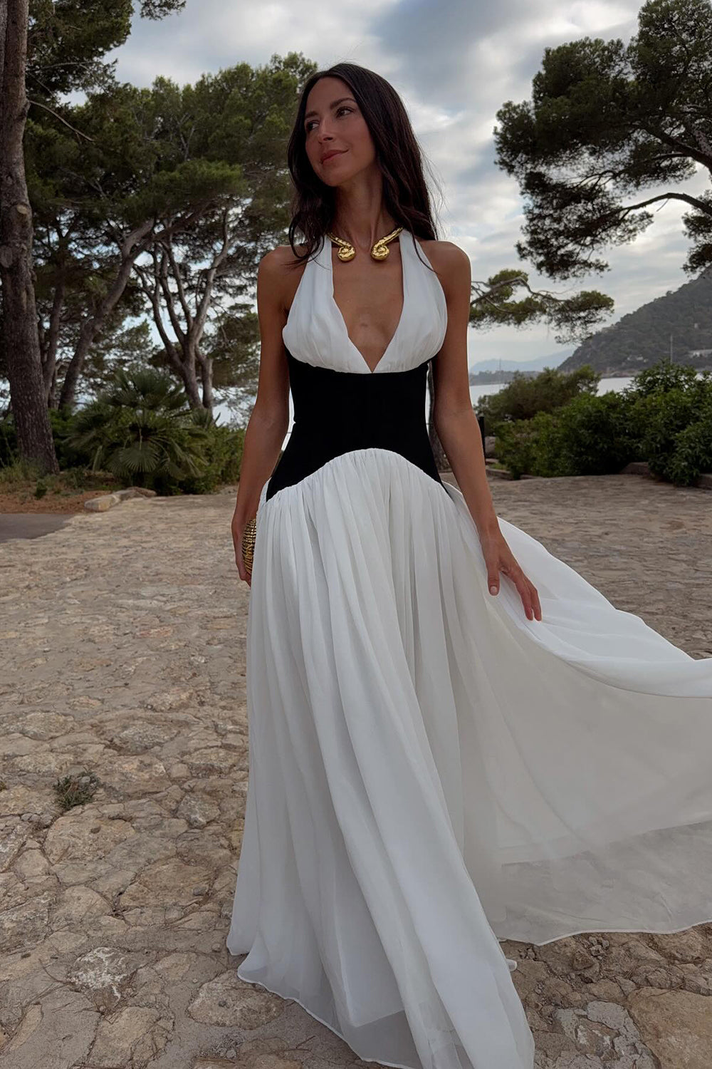 White and Black Halterneck Corset Maxi Dress White / Medium