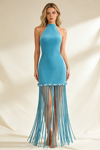 Halterneck Fringe Velvet Midi Dress