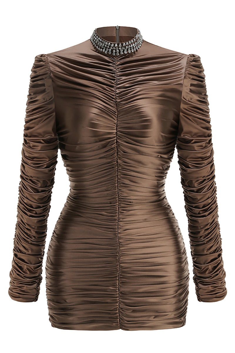 High-Neck Long Sleeve Draped Mini Dress in Brown IULOVER High-Neck Long Sleeve Draped Mini Dress in Brown IULOVER