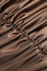 High-Neck Long Sleeve Draped Mini Dress in Brown