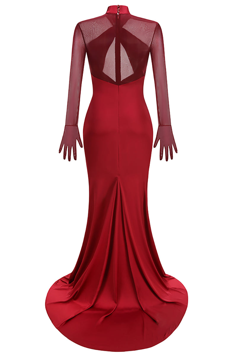 High-neck Mesh Fishtail Maxi Dress in Burgundy IULOVER High-neck Mesh Fishtail Maxi Dress in Burgundy IULOVER