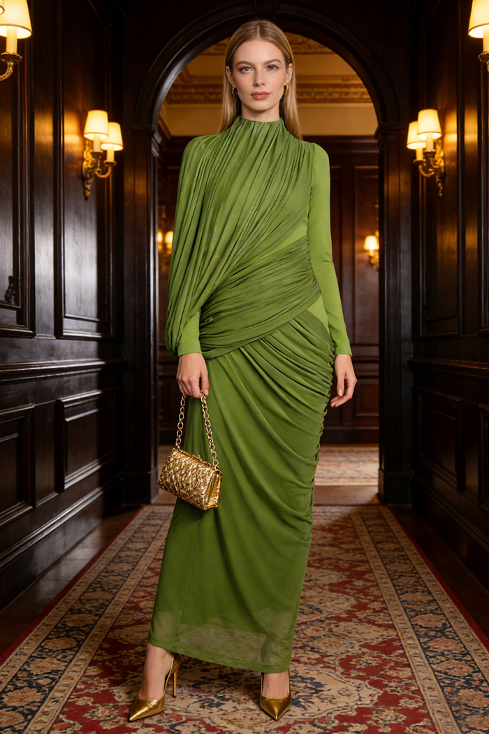 High Neck Asymmetrical Draped Maxi Dress