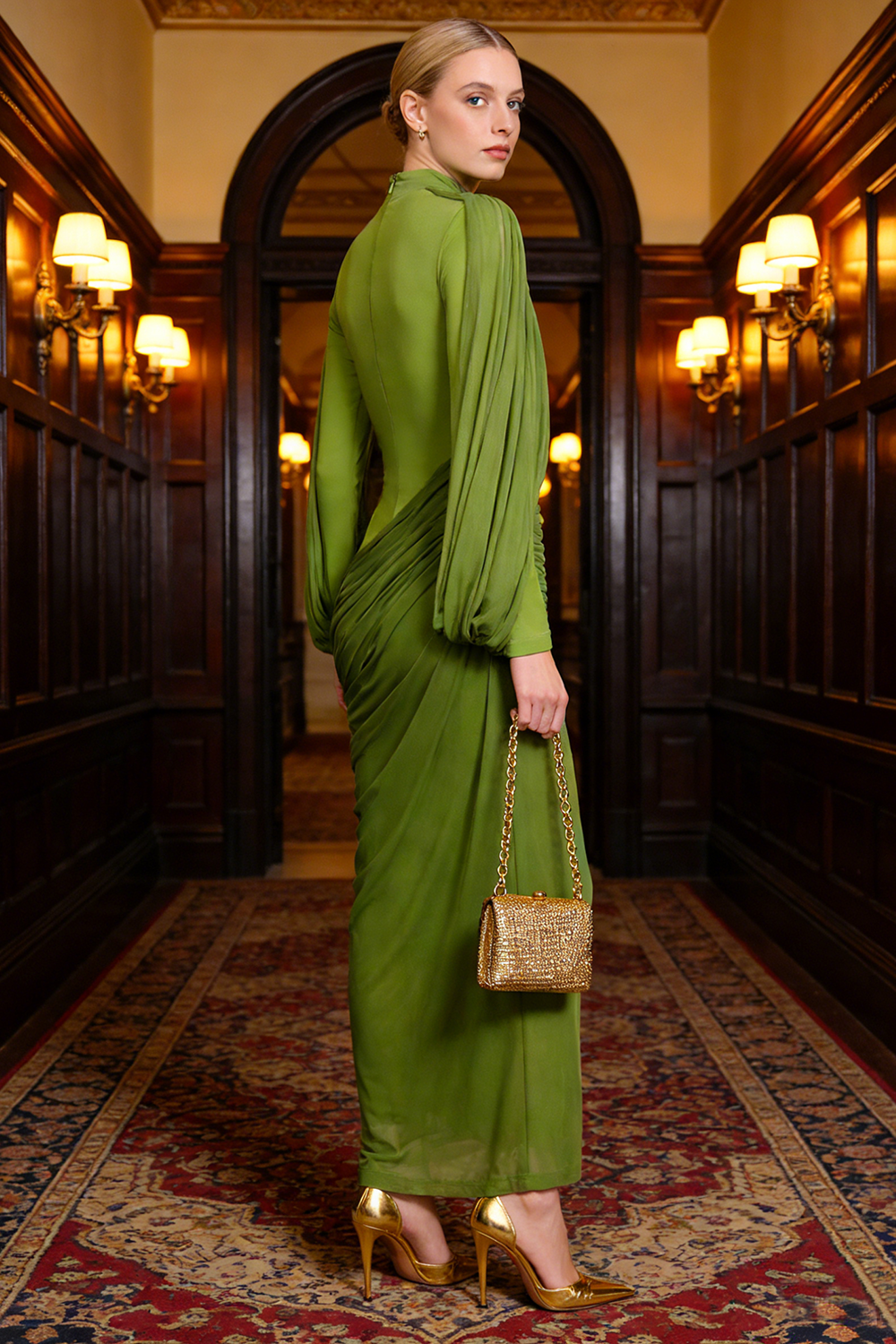 High Neck Asymmetrical Draped Maxi Dress