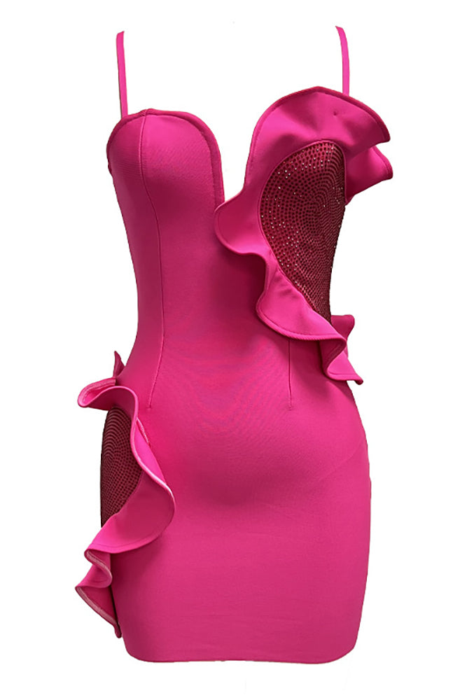 knee length dresses for ladies Hotfix Heart Crystal Ruffle Trim Mini Dress Rose Red / Large