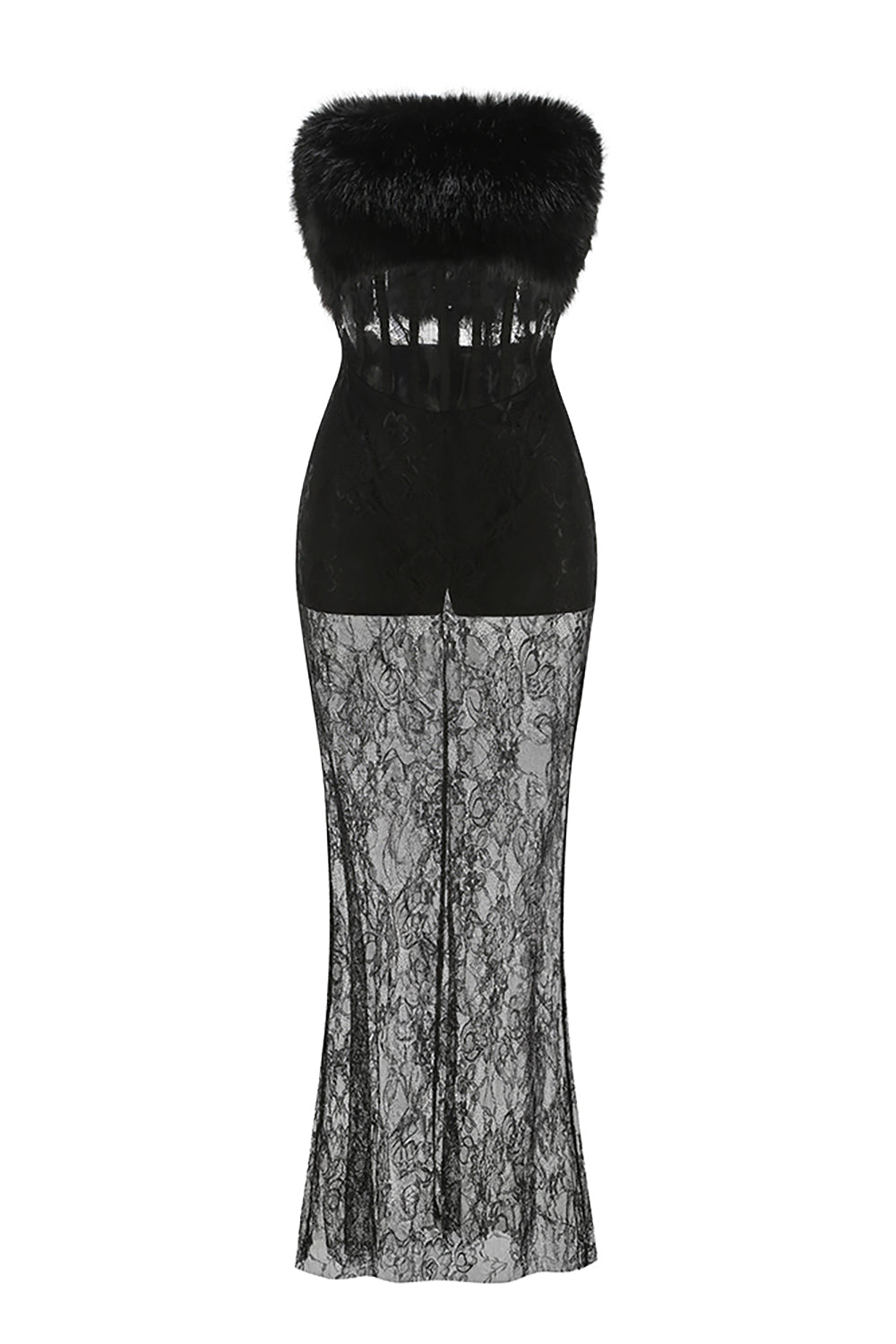 fur trim maxi dress COURTNEY FAUX FUR TRIM MAXI DRESS - BLACK