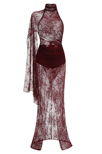 Lace Open-Back Cape-effect Maxi Dress in Cabernet