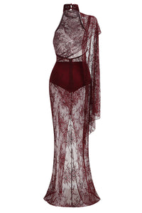 Lace Open-Back Cape-effect Maxi Dress in Cabernet