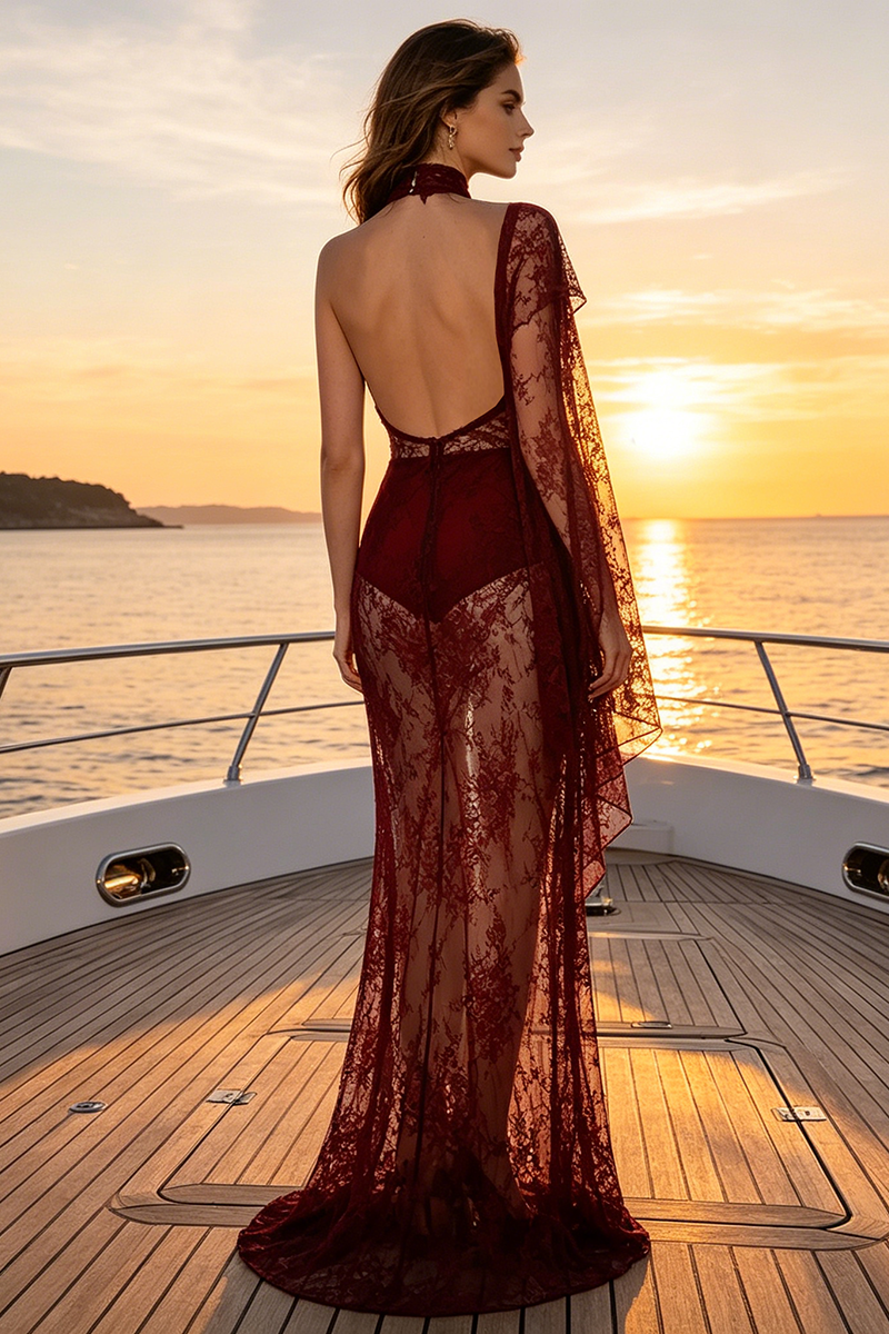 Lace Open-Back Cape-effect Maxi Dress in Cabernet