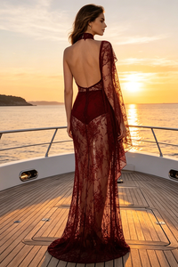 Lace Open-Back Cape-effect Maxi Dress in Cabernet