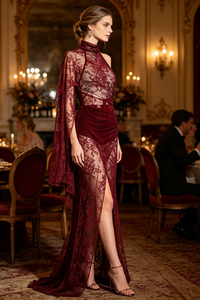 Lace Open-Back Cape-effect Maxi Dress in Cabernet
