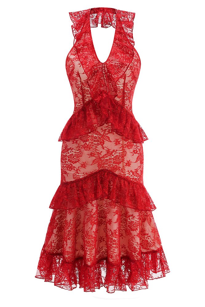 Deep-V Lace Ruffles Midi Dress – IULOVER