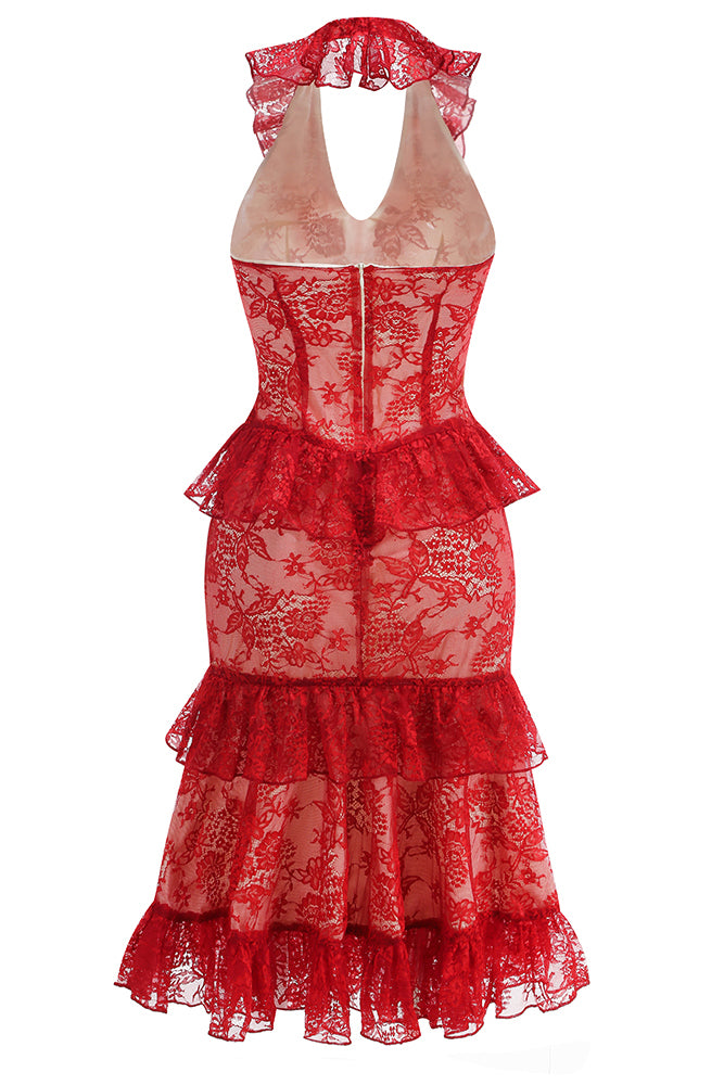 Deep-V Lace Ruffles Midi Dress IULOVER Deep-V Lace Ruffles Midi Dress IULOVER