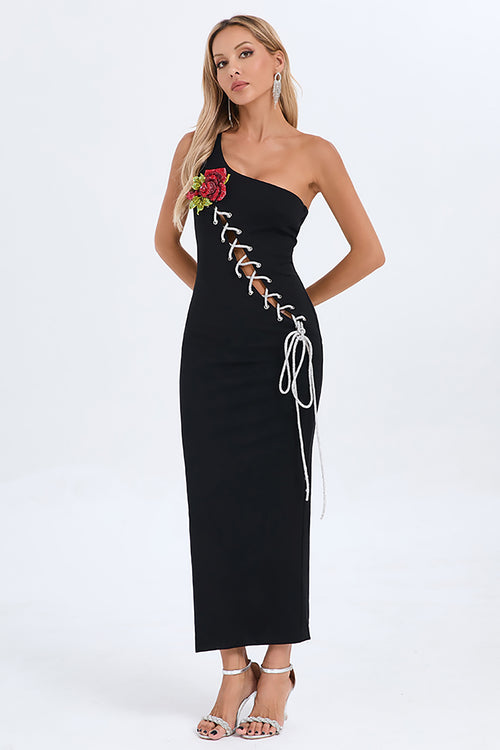 One Shoulder Lace Up 3d Flower Midi Dress IULOVER One Shoulder Lace Up 3d Flower Midi Dress IULOVER